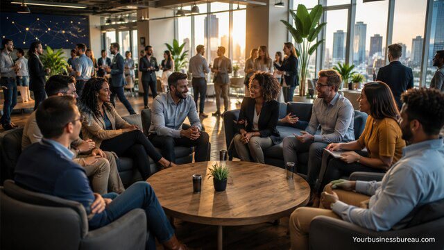 Professionals networking in a modern business lounge