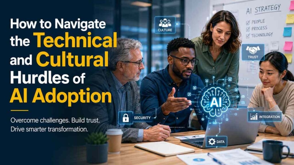 Teams collaborating with AI technology in a modern workplace