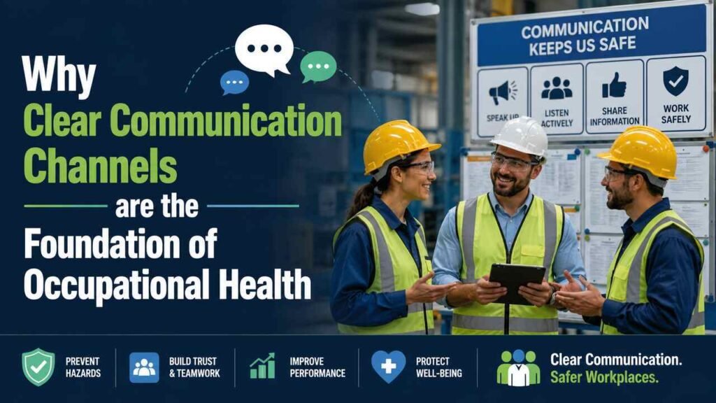 Workers discussing workplace safety and communication in an occupational health setting.