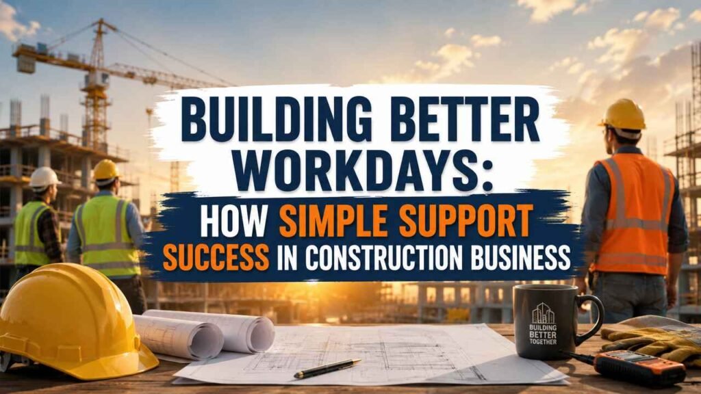 Construction workers collaborating on a modern job site to improve workplace productivity and business success.