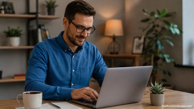 Professional sending a follow-up email on a laptop in a modern workspace