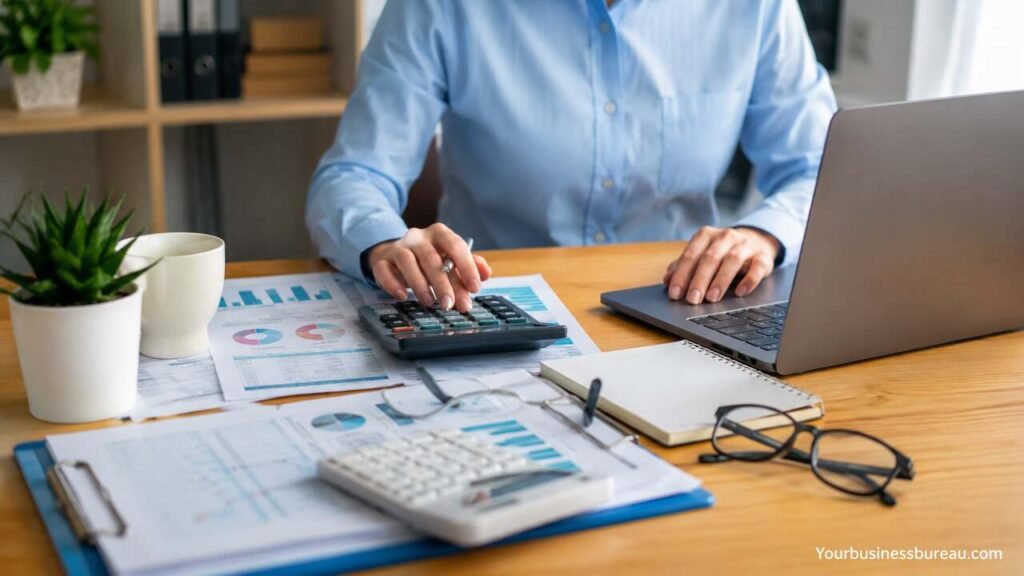Small business accounting professional managing tax preparation and payroll records