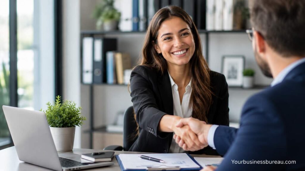 Small business owner thanking a customer during a professional business meeting