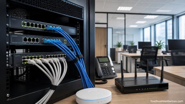 Office internet network setup with networking equipment
