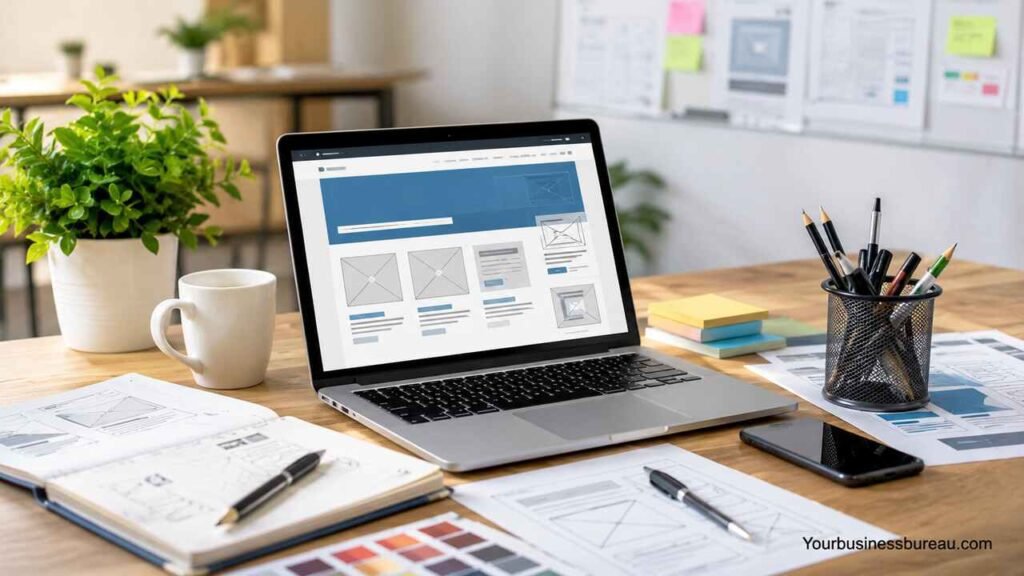 Small Business Web Design Services: Build a Professional Website That Attracts Customers and Grows Revenue Small business web design workspace with professional website mockup