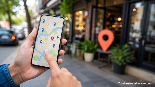 Business owner using location-based SEO tools to attract nearby customers
