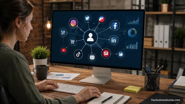 Professional social media marketing strategy workspace with digital analytics dashboard