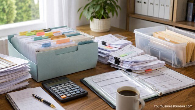 Organized financial documents and transaction records on an office desk