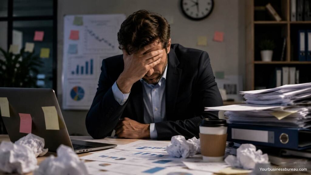 The Hidden Costs of Publishing Content Without Strategy in US Businesses Business owner overwhelmed by the hidden costs of content publishing without a strategy