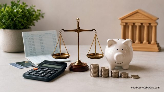 Calculator, piggy bank, and coins comparing banking fees and maintenance costs
