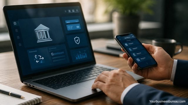 Business professional using digital banking tools for daily financial operations.