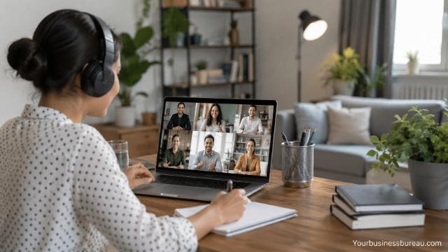 Remote employee attending a virtual team meeting from home