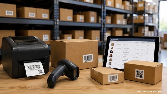 Warehouse inventory management system with SKU labels, barcode scanner, and product identification tools.