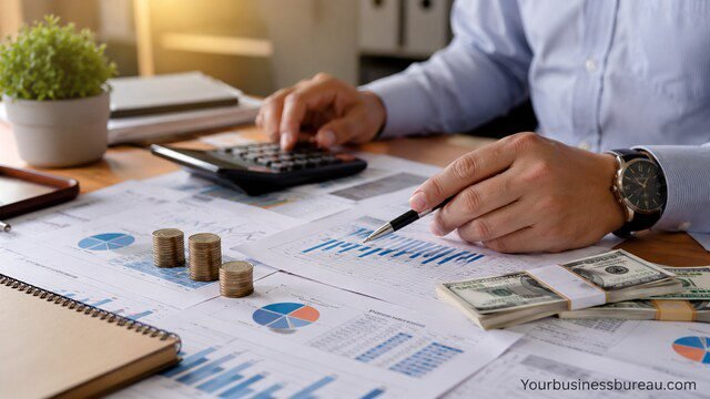 Business cash flow management analysis with financial reports and calculator