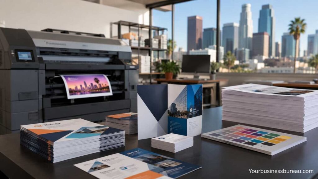 5 Best Business Printing Services in Los Angeles for 2026 (Same-Day & Rush Options Ranked) Business printing shop in Los Angeles producing brochures, flyers, and business cards with professional same-day printing services.