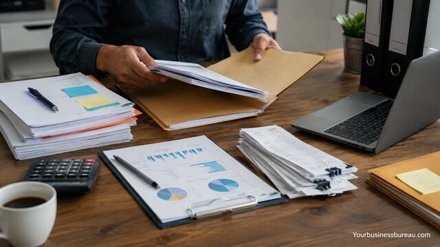 Business professional organizing financial records and business documents