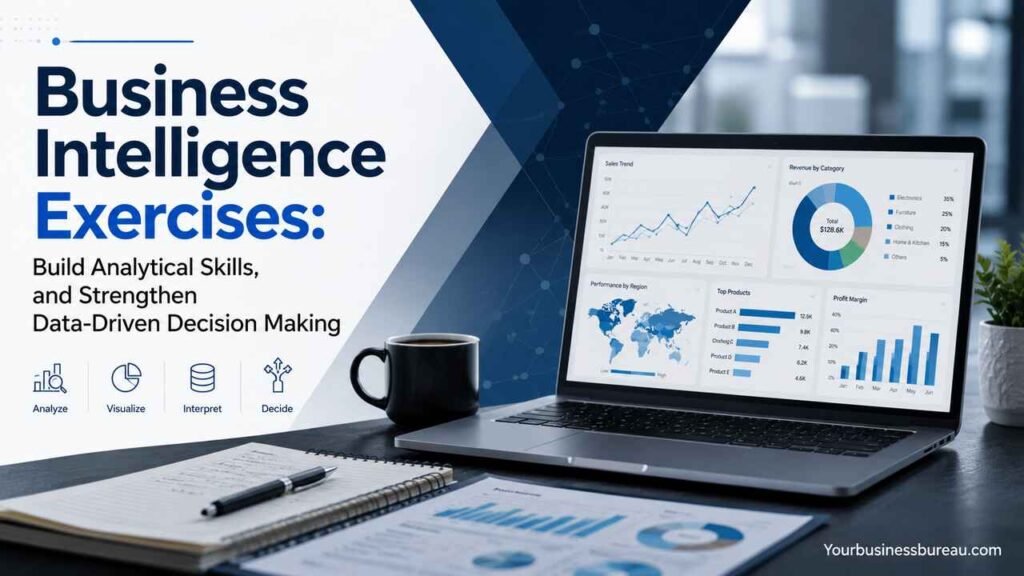 Business Intelligence Exercises: Build Analytical Skills, and Strengthen Data-Driven Decision Making Business intelligence exercises dashboard with analytics charts and business data insights