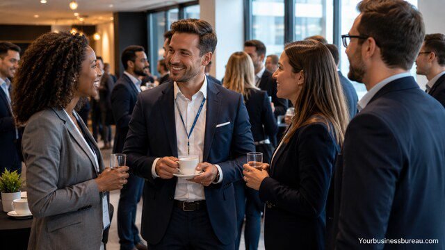 Professionals building strategic relationships at a networking event