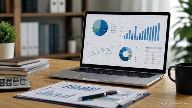 Financial performance indicators dashboard on a laptop with business reports