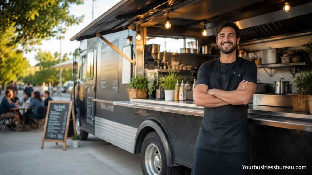Food Truck Business Plan: Build, Launch, and Grow a Profitable Mobile Food Business Modern food truck owner standing beside a successful mobile food business serving customers outdoors.