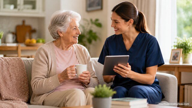 Caregiver helping a senior woman at home
