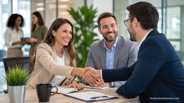 Business consultants discussing customer retention strategies with clients