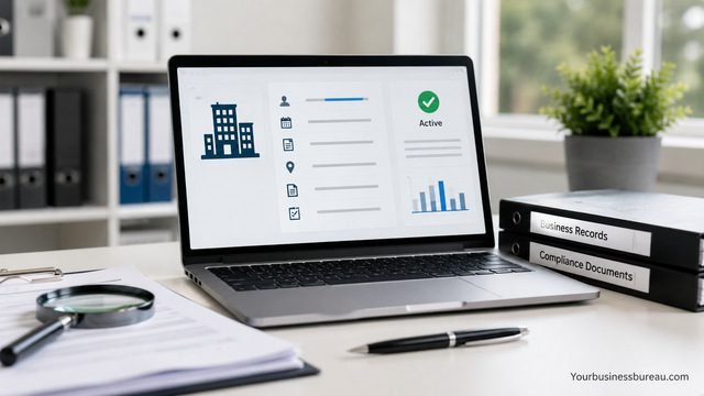 Business records database review on laptop