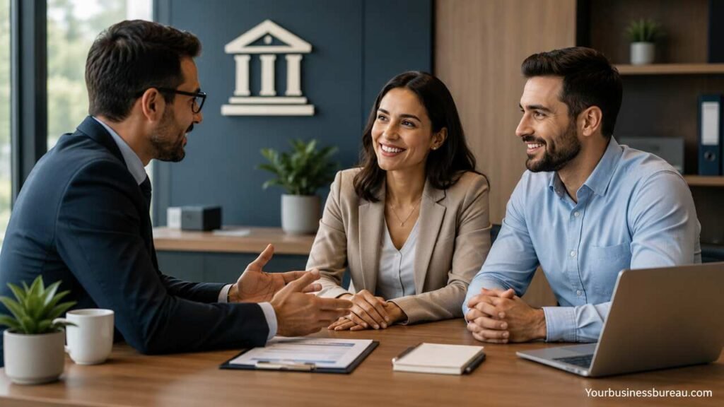 Business owner discussing small business banking options with a financial advisor.