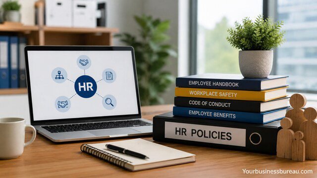 Professional HR workspace with policy documents, laptop, and office supplies for developing effective HR policies using SHRM resources.