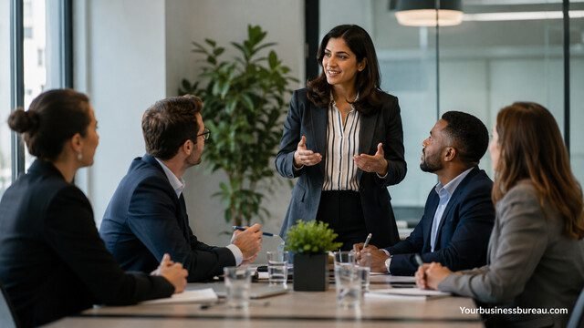 Business leader guiding a team during a strategic meeting