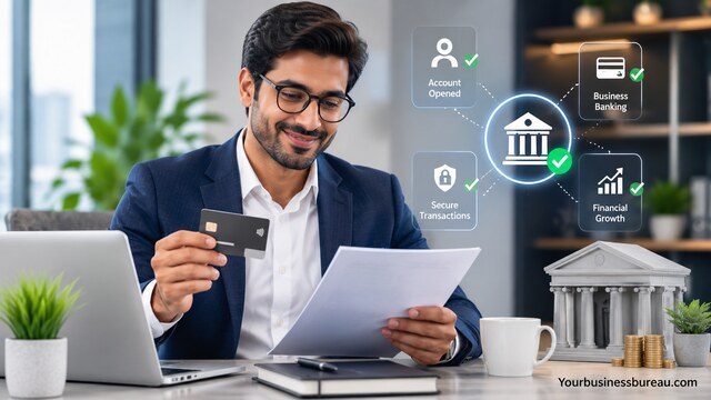 Professional opening a business bank account at a modern bank.
