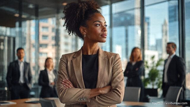 Confident business leader demonstrating accountability and strong leadership in a modern workplace.