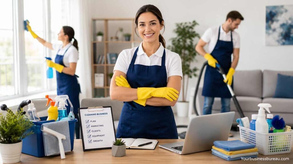 Cleaning business team working in a modern office.
