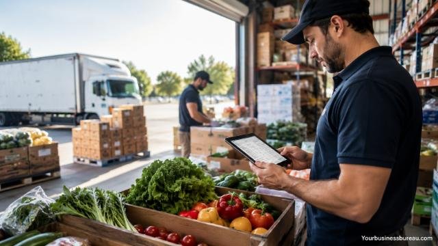 Restaurant supply chain manager reviewing fresh inventory and supplier deliveries.