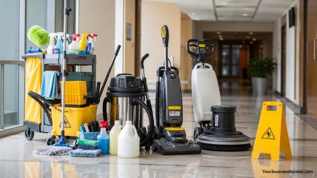 Professional cleaning equipment and supplies arranged in a modern commercial building.