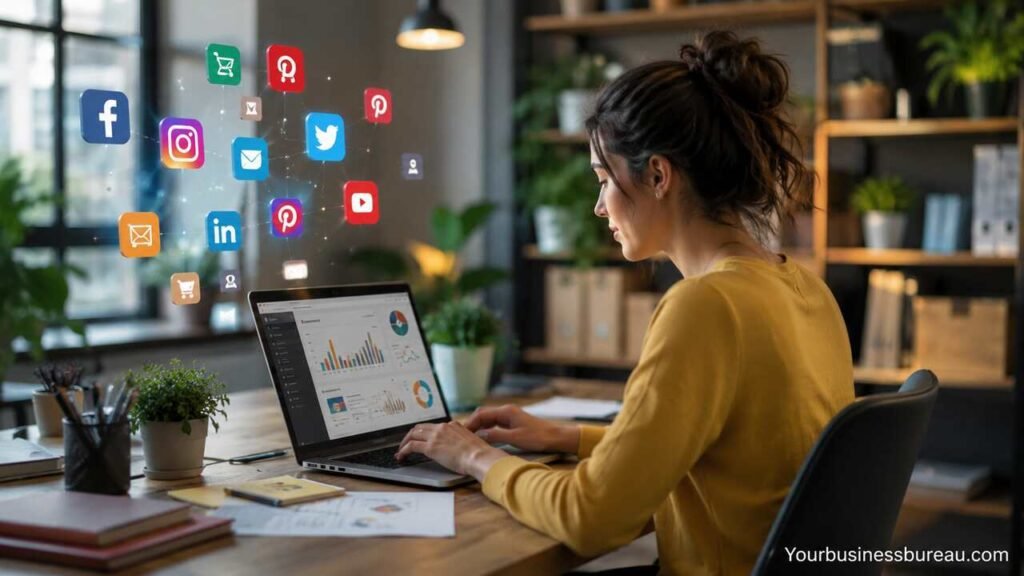 Small business owner using social media platforms to grow visibility and increase sales.
