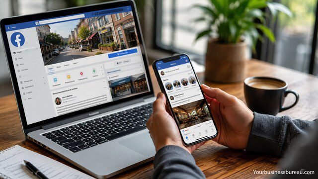 Business owner using Facebook to improve local visibility and customer engagement