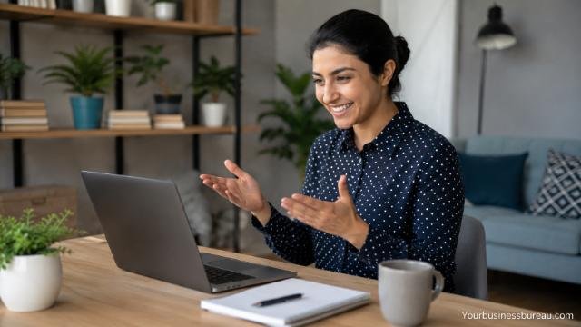 Online coach conducting a virtual consulting session from a professional home office