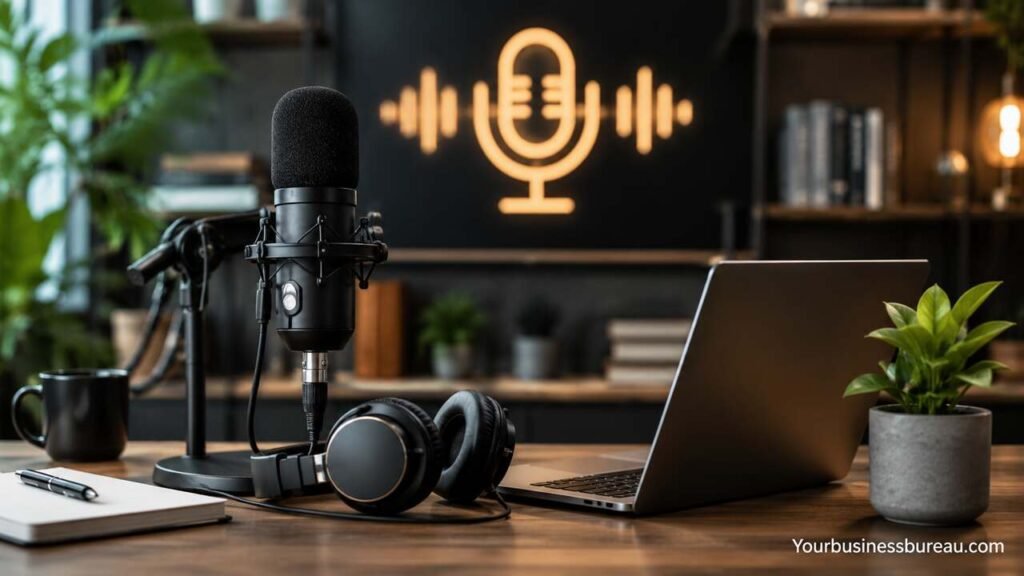 Best Business Podcasts: The Ultimate Guide to Learning Entrepreneurship, Leadership, Marketing, and Investing Best business podcasts podcast studio with microphone and laptop