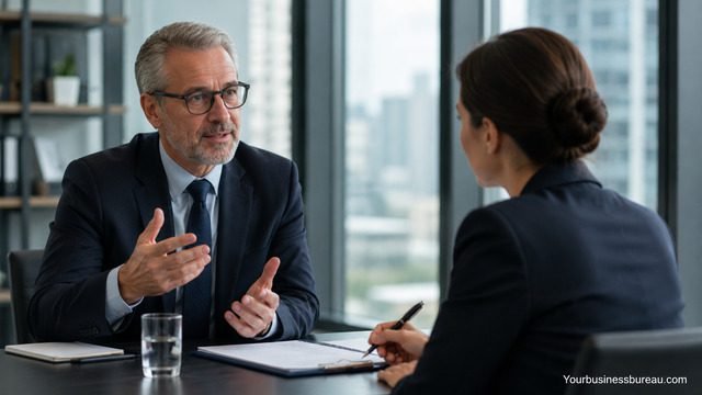 Executive interview discussing leadership development and professional growth in a modern business setting.