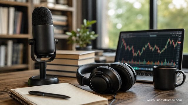Financial podcast setup with microphone, headphones, laptop displaying investment charts, and notebook on a modern desk.