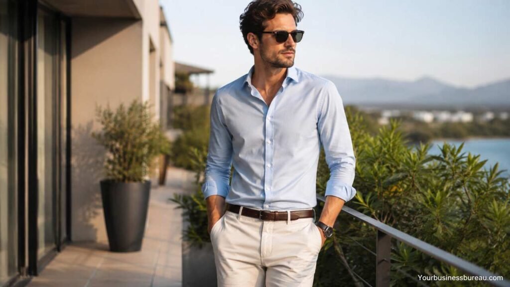 Business Casual Men Summer: Build a Comfortable, Professional Warm-Weather Wardrobe Man wearing a light blue shirt and beige trousers in a modern business casual summer outfit.