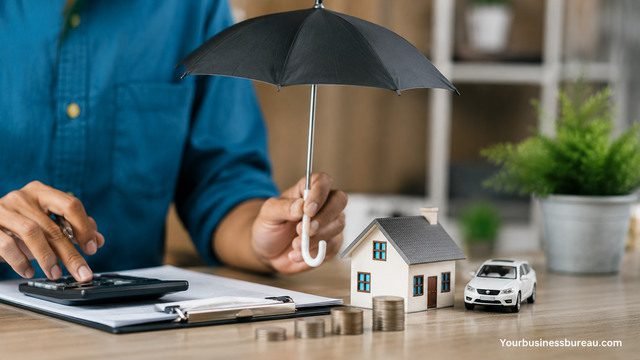 Factors affecting insurance costs with home, car, calculator, and financial planning.