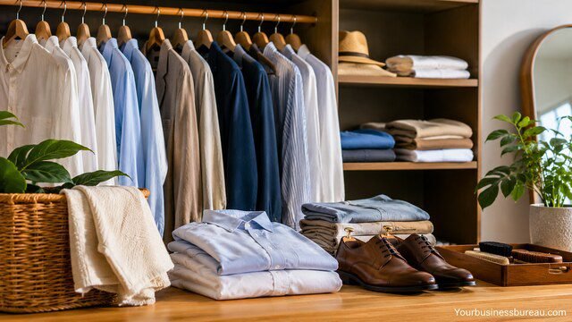 Properly stored summer business casual clothing with leather shoes and cedar hangers.