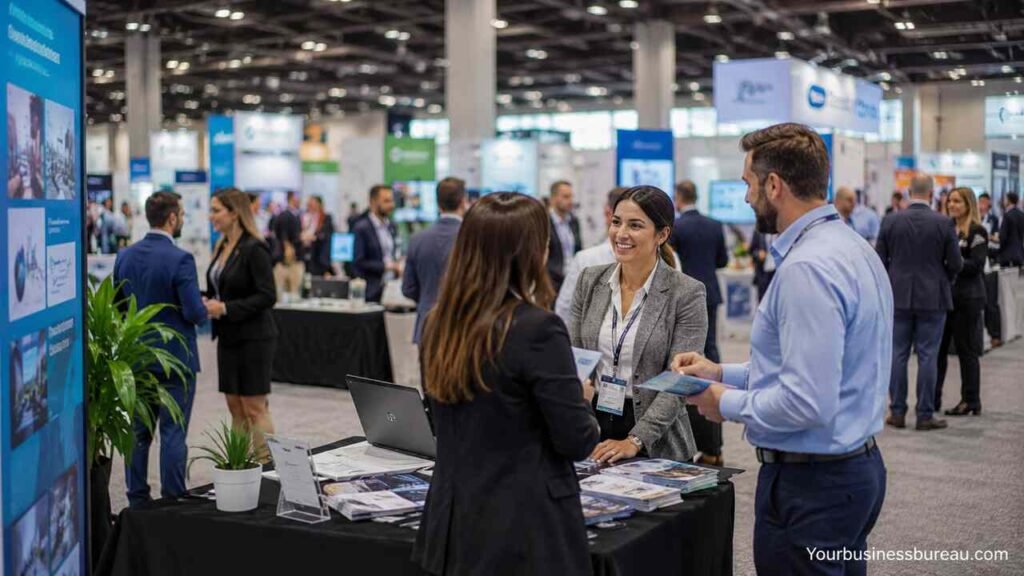 Professionals networking and exhibiting at a small business expo