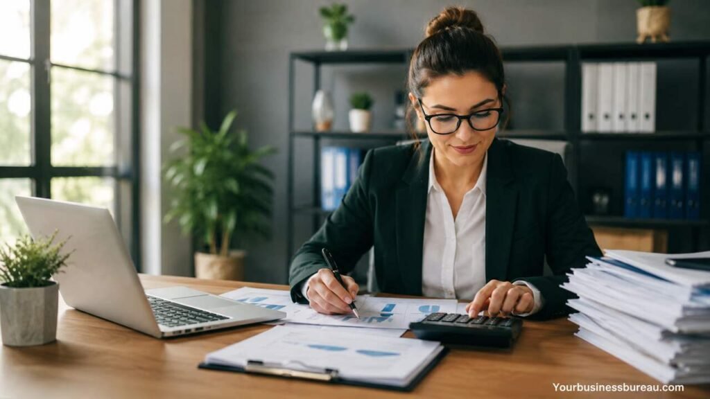 Small business accountant reviewing financial reports
