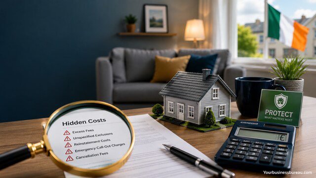 Irish home insurance documents with hidden costs highlighted beside a model house and calculator
