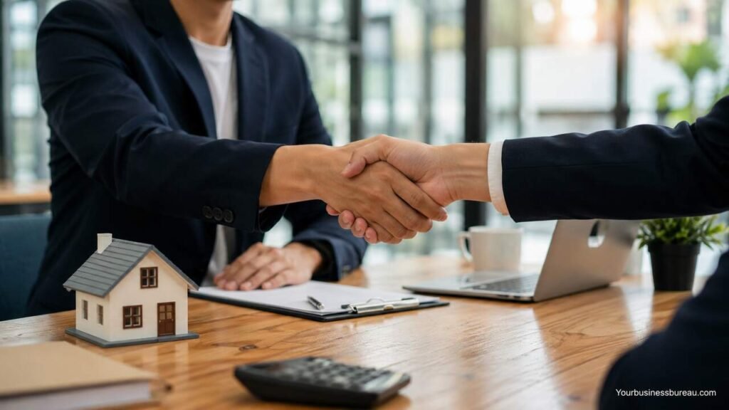 Small business acquisition handshake during business purchase meeting