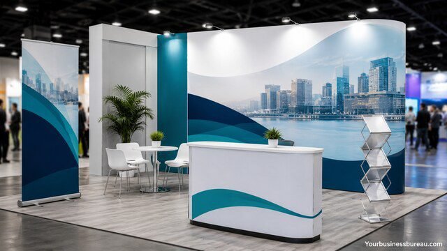 Professional expo booth with marketing materials and promotional displays