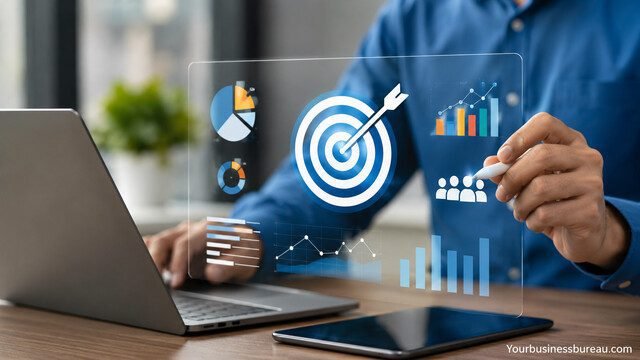 Business professional analyzing expo performance metrics on a digital dashboard